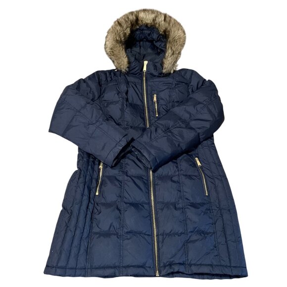Michael Kors ,Navy Blue Hooded Puffer Jacket With Faux Fur Trimmed Hood & Gold Z - Picture 8 of 12